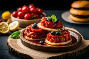 três hambúrgueres com tomates e amoras em uma de madeira placa. gerado por IA foto