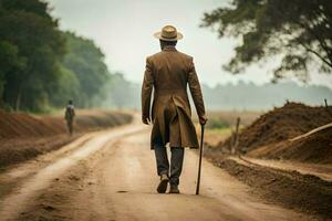 uma homem dentro uma Castanho casaco e chapéu caminhando baixa uma sujeira estrada. gerado por IA foto