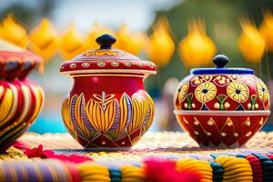 colorida panelas e vasos em uma mesa. gerado por IA foto