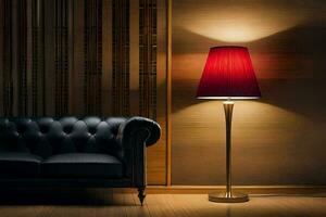 uma Preto couro sofá e uma vermelho luminária dentro uma sala. gerado por IA foto