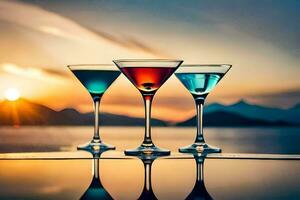três martini óculos com diferente cores em a mesa. gerado por IA foto