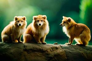 três Castanho cachorros sentado em uma Rocha. gerado por IA foto