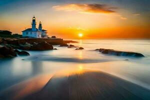 uma farol em a de praia às pôr do sol. gerado por IA foto