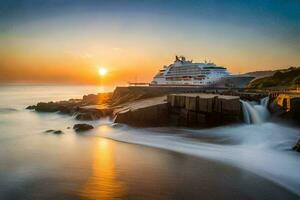 uma cruzeiro navio dentro a oceano às pôr do sol. gerado por IA foto