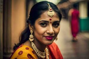 uma mulher dentro tradicional indiano vestuário poses para uma retrato. gerado por IA foto