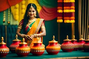 uma mulher dentro tradicional sari é preparando panelas para uma casamento. gerado por IA foto