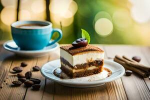 bolo com café e cerejas em uma de madeira mesa. gerado por IA foto