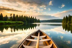 uma canoa é flutuando em uma calma lago às pôr do sol. gerado por IA foto