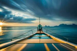 uma barco em a oceano às pôr do sol. gerado por IA foto