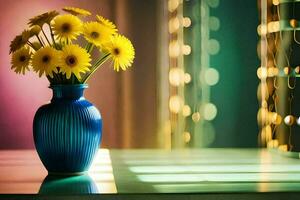 uma azul vaso com amarelo flores sentado em uma mesa. gerado por IA foto