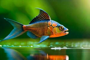 uma peixe com uma brilhante laranja e Preto corpo é natação dentro a água. gerado por IA foto