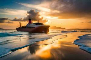 uma vermelho barco em a de praia às pôr do sol. gerado por IA foto
