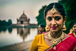 uma mulher dentro indiano vestuário poses para uma retrato. gerado por IA foto