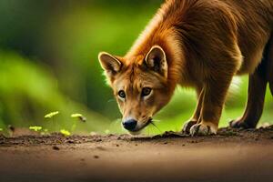 uma vermelho cachorro cheirando a terra dentro a floresta. gerado por IA foto