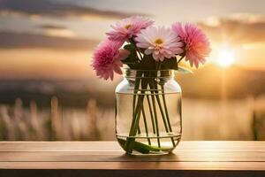 Rosa flores dentro uma vidro vaso em uma de madeira mesa. gerado por IA foto