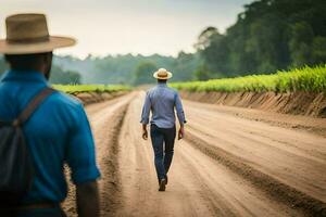 dois homens caminhando baixa uma sujeira estrada dentro frente do uma milho campo. gerado por IA foto