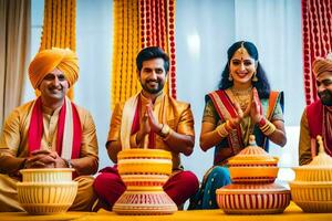 uma casal e seus amigos dentro tradicional indiano traje. gerado por IA foto