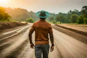 homem caminhando em sujeira estrada com chapéu e Castanho camisa. gerado por IA foto