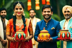 uma casal dentro tradicional indiano vestuário segurando colorida potes. gerado por IA foto