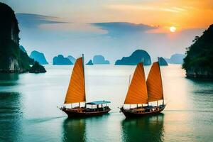 dois barcos flutuando dentro a água às pôr do sol. gerado por IA foto