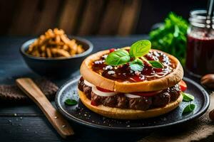 uma Hamburger com churrasco molho e queijo em uma placa. gerado por IA foto