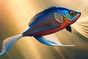 uma peixe com uma grandes rabo e azul e vermelho listras. gerado por IA foto