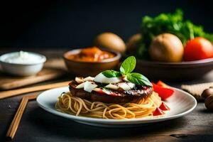 uma prato do espaguete com carne e legumes. gerado por IA foto