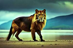 uma leão caminhando em a de praia com uma tormentoso céu. gerado por IA foto