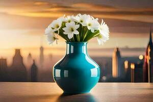 uma azul vaso com branco flores em uma mesa dentro frente do uma paisagem urbana. gerado por IA foto