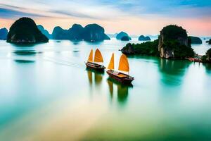 dois barcos flutuando dentro a água perto montanhas. gerado por IA foto