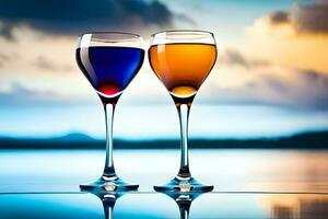 dois vinho óculos com diferente colori líquidos em uma mesa. gerado por IA foto