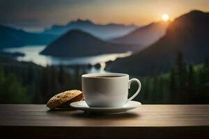 café e biscoitos em a mesa dentro a montanhas. gerado por IA foto