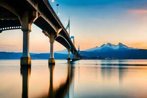 uma ponte abrangendo sobre água com montanhas dentro a fundo. gerado por IA foto