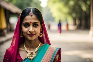 uma lindo indiano mulher dentro tradicional roupas. gerado por IA foto