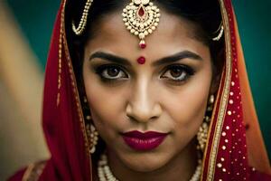 uma lindo indiano mulher vestindo uma vermelho sári. gerado por IA foto