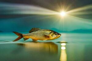 uma peixe é em pé em a de praia às noite. gerado por IA foto