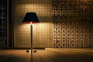 uma luminária é em uma de madeira chão dentro frente do uma muro. gerado por IA foto