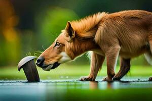 uma cachorro cheirando uma água garrafa dentro a água. gerado por IA foto