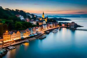 a Cidade do Bergen, Noruega às crepúsculo. gerado por IA foto