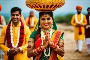 uma noiva dentro tradicional indiano vestuário com dela marido. gerado por IA foto