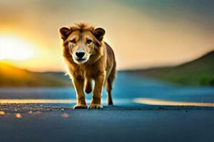 uma leão caminhando em a estrada às pôr do sol. gerado por IA foto
