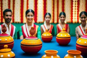 uma grupo do pessoas dentro tradicional indiano roupas. gerado por IA foto