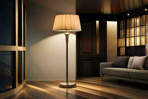 uma moderno vivo quarto com uma luminária em a chão. gerado por IA foto
