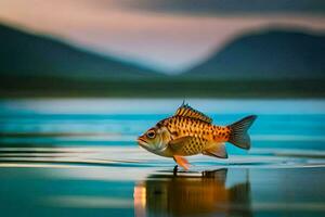 uma peixe é em pé em a água dentro frente do uma montanha. gerado por IA foto