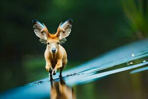 uma pequeno veado com grande orelhas caminhando através a água. gerado por IA foto
