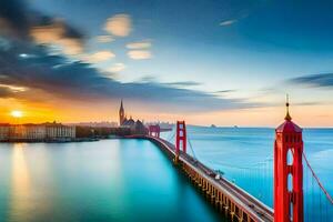 a dourado portão ponte dentro san francisco às pôr do sol. gerado por IA foto