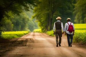 dois pessoas caminhando baixa uma sujeira estrada dentro a meio do uma campo. gerado por IA foto