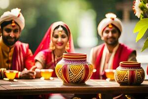 indiano Casamento casal com seus amigos. gerado por IA foto