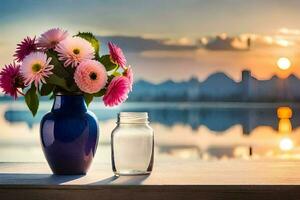 uma vaso com flores e uma garrafa do água em uma mesa. gerado por IA foto