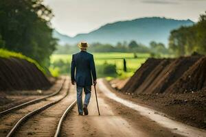 uma homem dentro uma terno e chapéu caminhando baixa uma Ferrovia acompanhar. gerado por IA foto